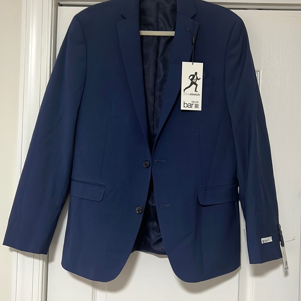 New with tags. Slim fit Bar III blue blazer 40R